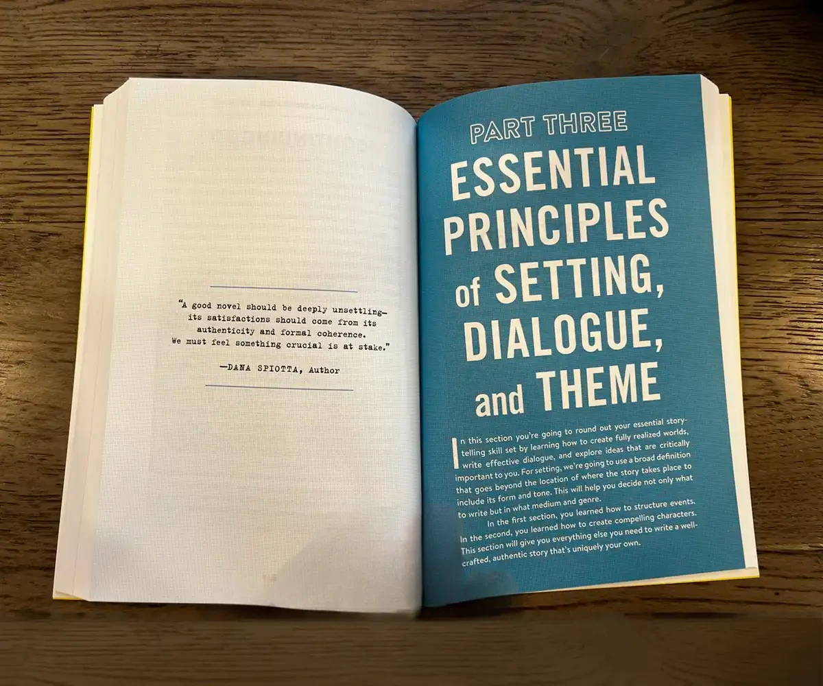 The book open to Part Three: Essential Principles of Setting, Dialogue, and Theme